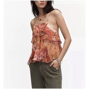 Patchwork Floral Ruffle Tiered Cami Top S MNG Mango Boho Smocked Peplum Summer